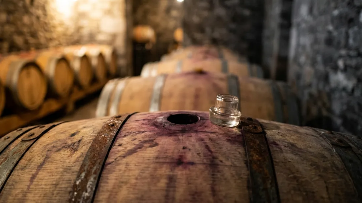 The top of an oak wine barrel in a stone cellar with its bung hole open and a glass bung resting beside it