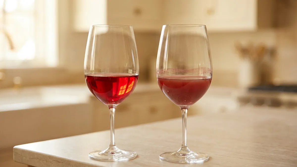 Two glasses of the same red wine side by side on a stone counter, one bright and fresh, the other dull with a dried ring inside the bowl