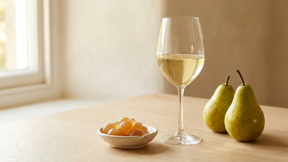 A glass of pale young white wine beside ripe pears and a dish of amber boiled sweets on a pale oak table
