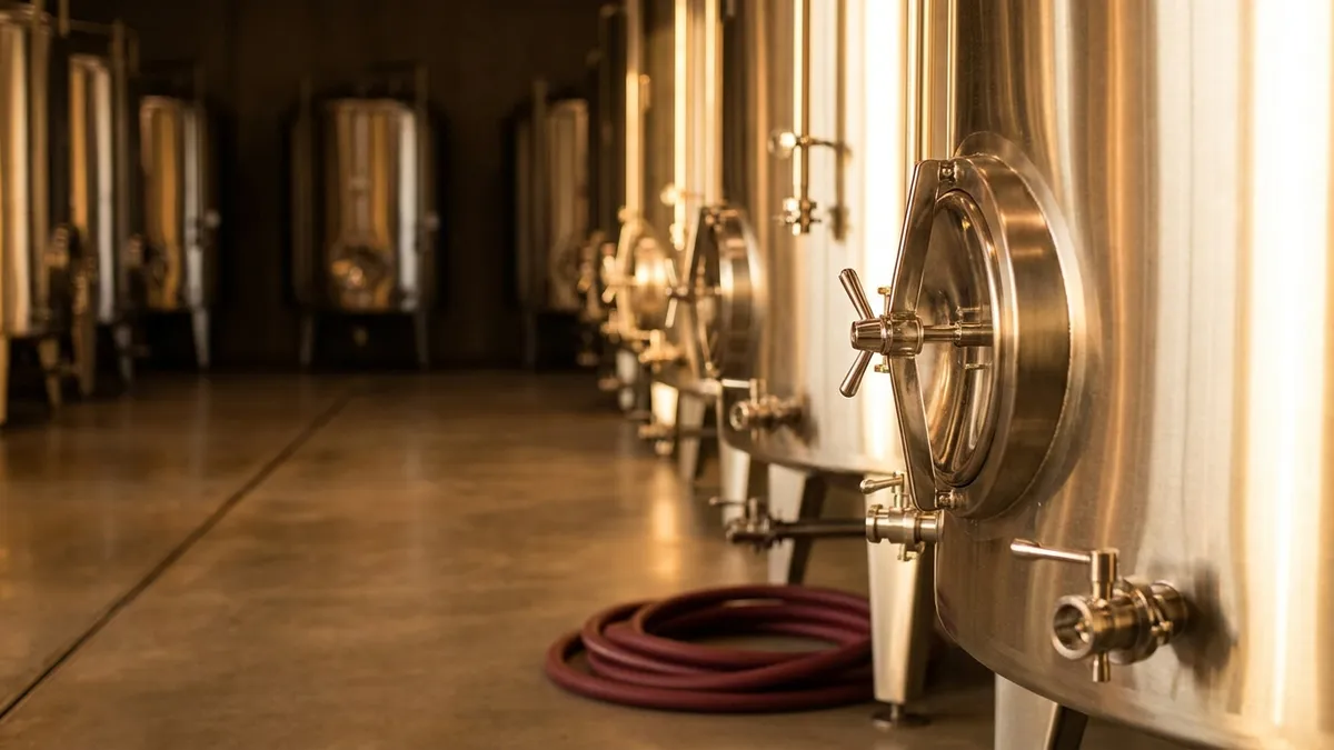 A row of gleaming stainless steel wine tanks with their round side hatches closed in a clean winery