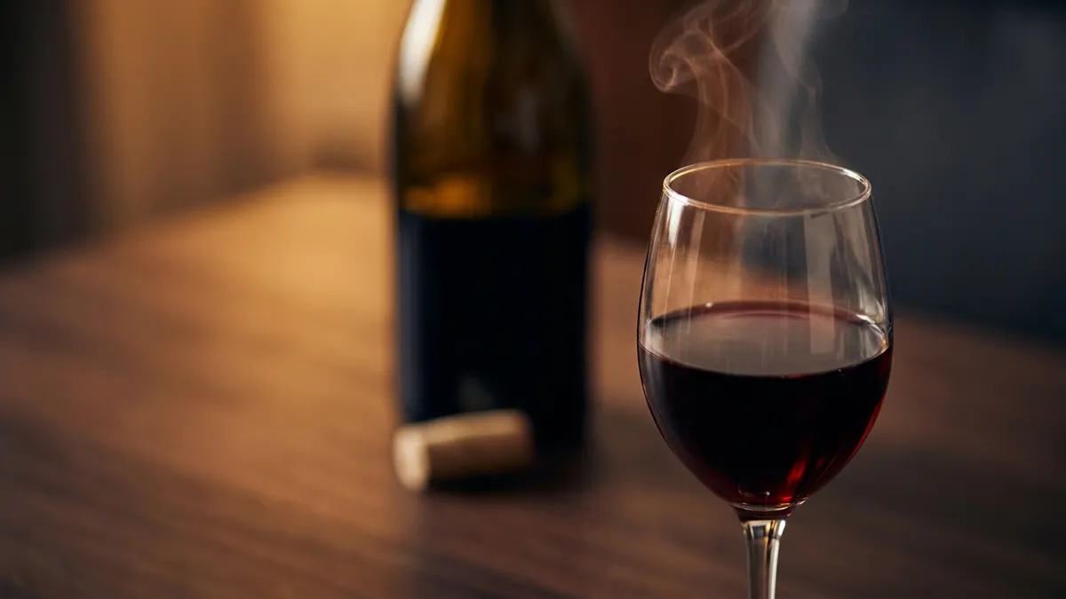 A glass of ruby red wine on a dark table with a faint wisp of aroma rising from the rim, beside an opened unlabelled bottle