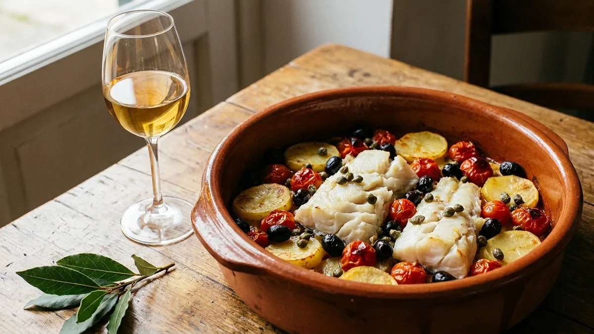A terracotta dish of baked salt cod with cherry tomatoes, olives, capers and potato beside a glass of gold white wine