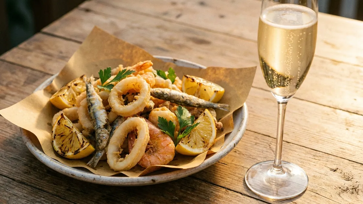 A plate of golden fried calamari, small fried fish and shrimp with lemon, beside a flute of pale sparkling wine with rising bubbles