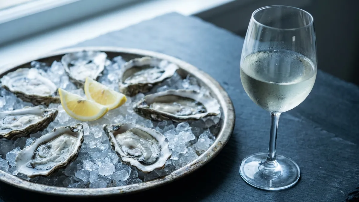 Six raw oysters on crushed ice with lemon wedges beside a glass of very pale dry white wine