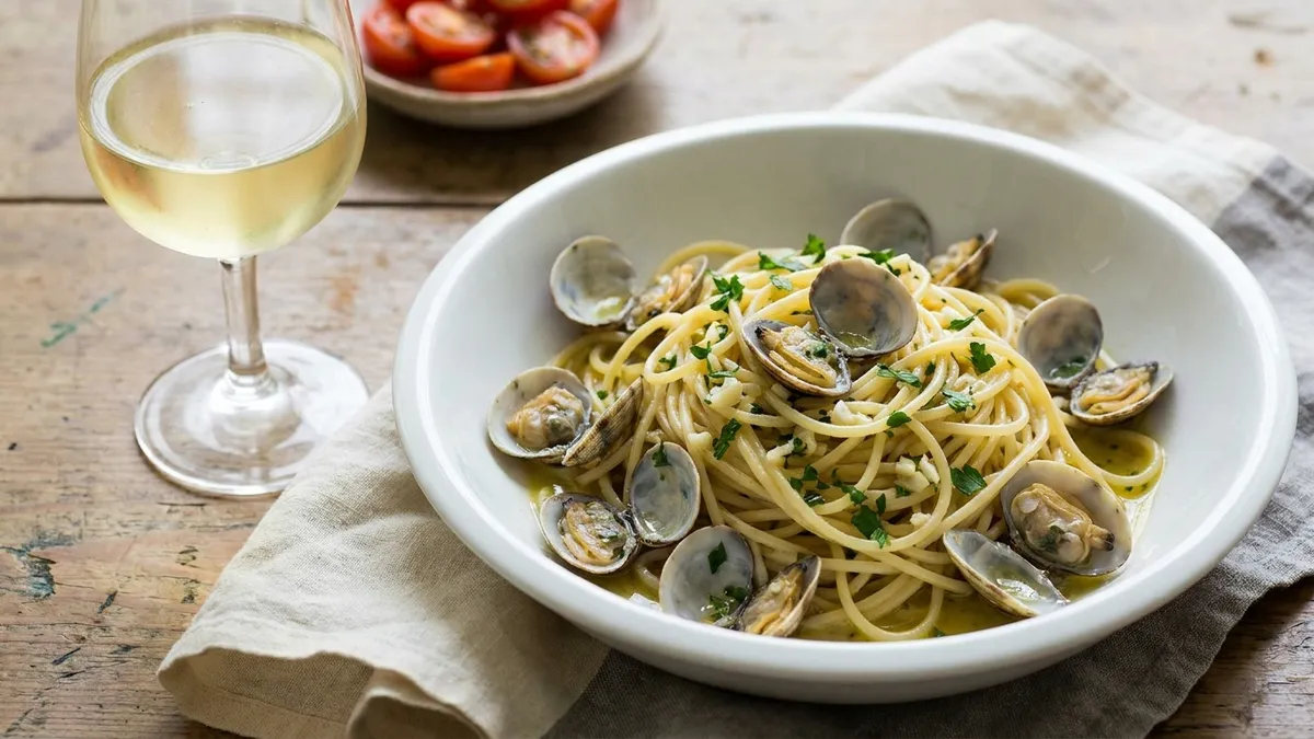 A bowl of spaghetti with small open clams, parsley and garlic beside a glass of pale lemon-yellow white wine