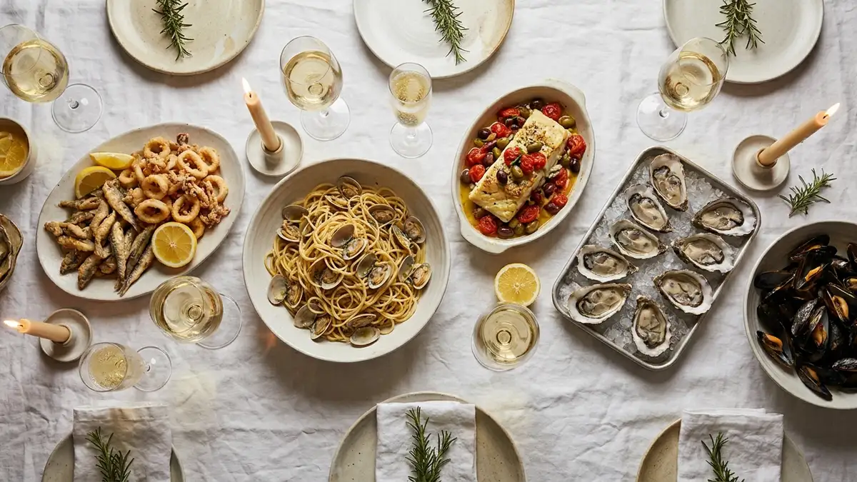 A candlelit Christmas Eve table with fried calamari, spaghetti with clams, baked salt cod and oysters on ice, beside glasses of pale white and sparkling wine