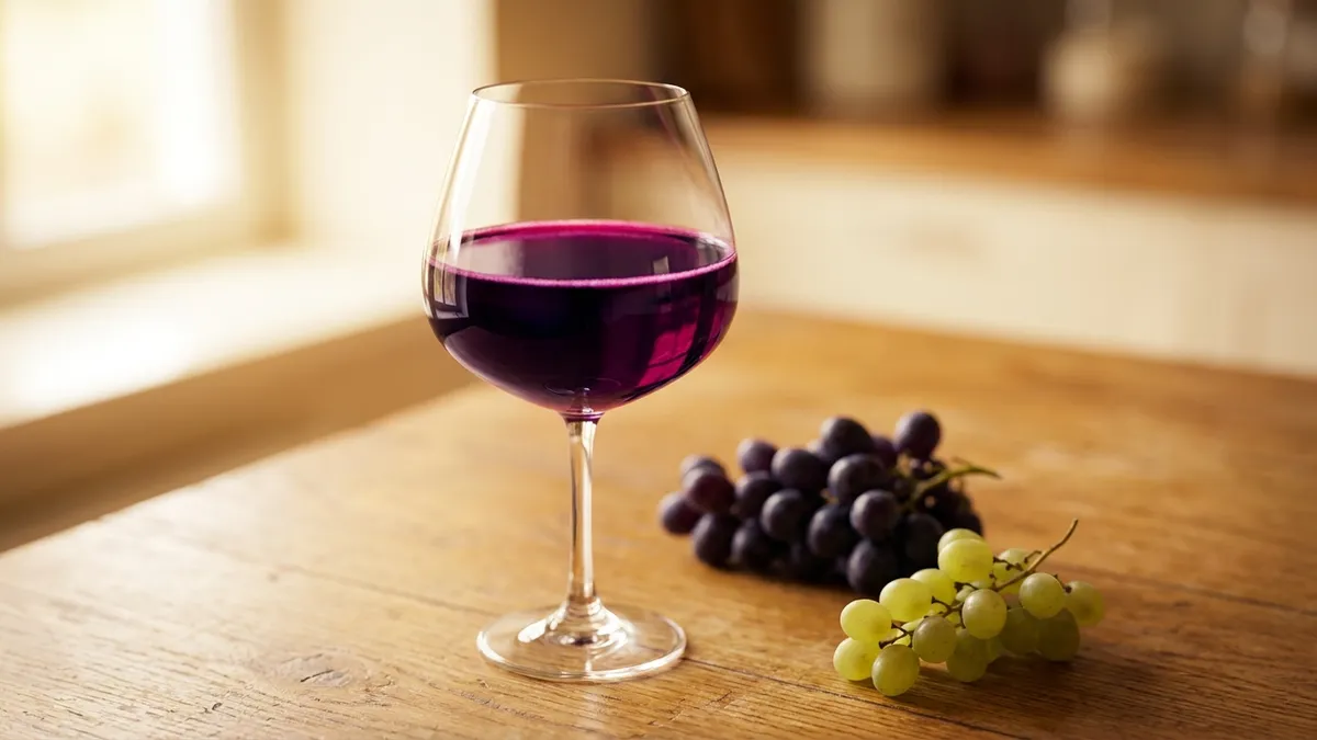 A tulip glass of deep ruby-purple red wine on an oak table beside a cluster of dark grapes and a sprig of pale green-gold grapes