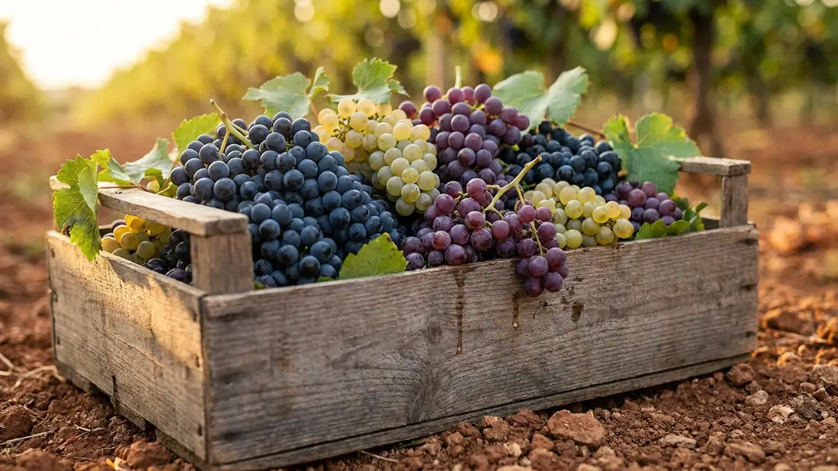 A weathered wooden harvest crate on red vineyard soil, heaped with dark blue-black, purple-red and pale green-gold grape bunches picked together