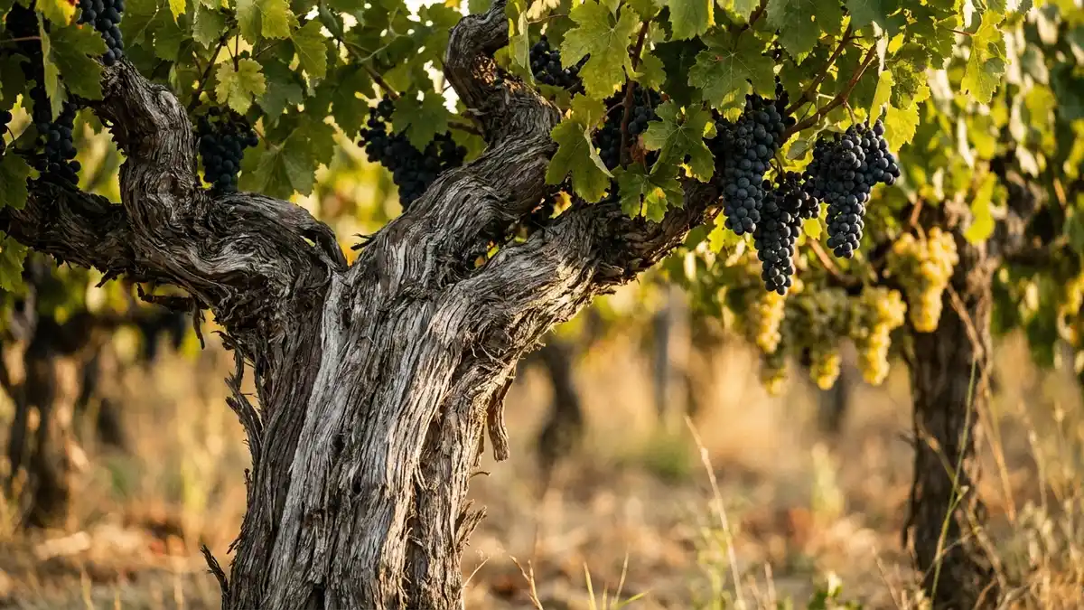 A thick, twisted, century-old grapevine trunk with shaggy grey bark in a sunlit vineyard, dark and pale grape clusters hanging on neighbouring vines