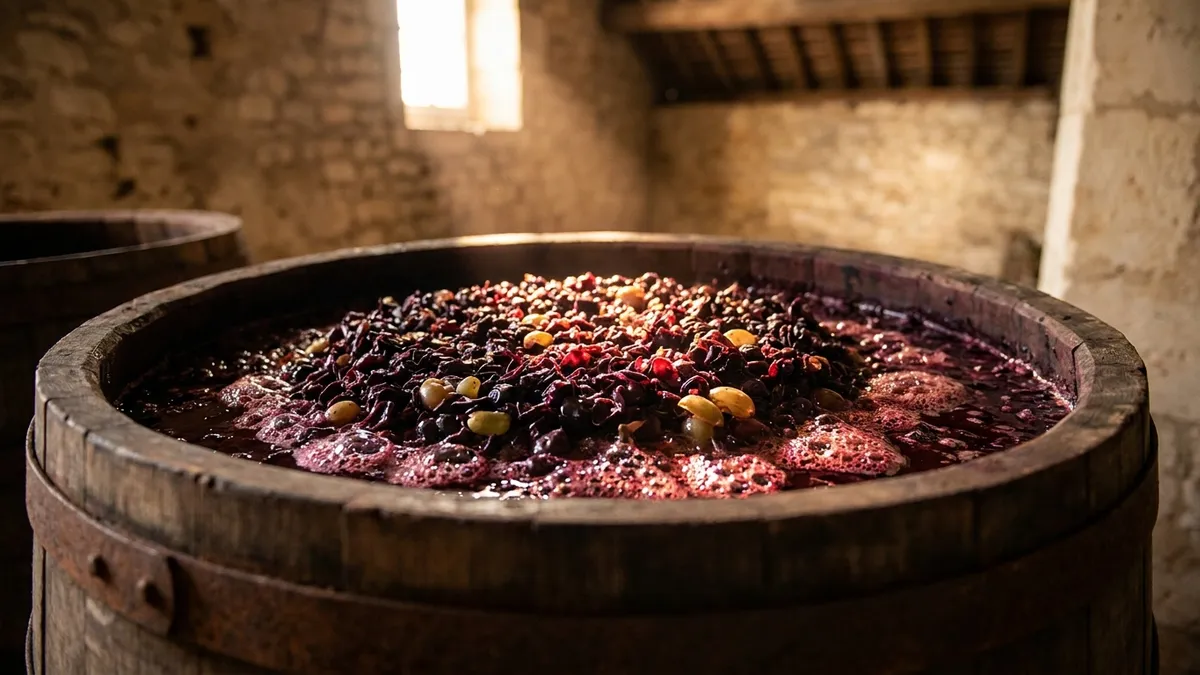 An open-top oak fermentation vat seen from above, filled with a foaming cap of crushed purple-black grape skins flecked with paler green-gold skins