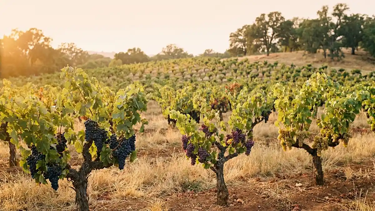 An old free-standing vineyard at golden hour where dark purple and pale green-gold grape varieties grow side by side in the same rows
