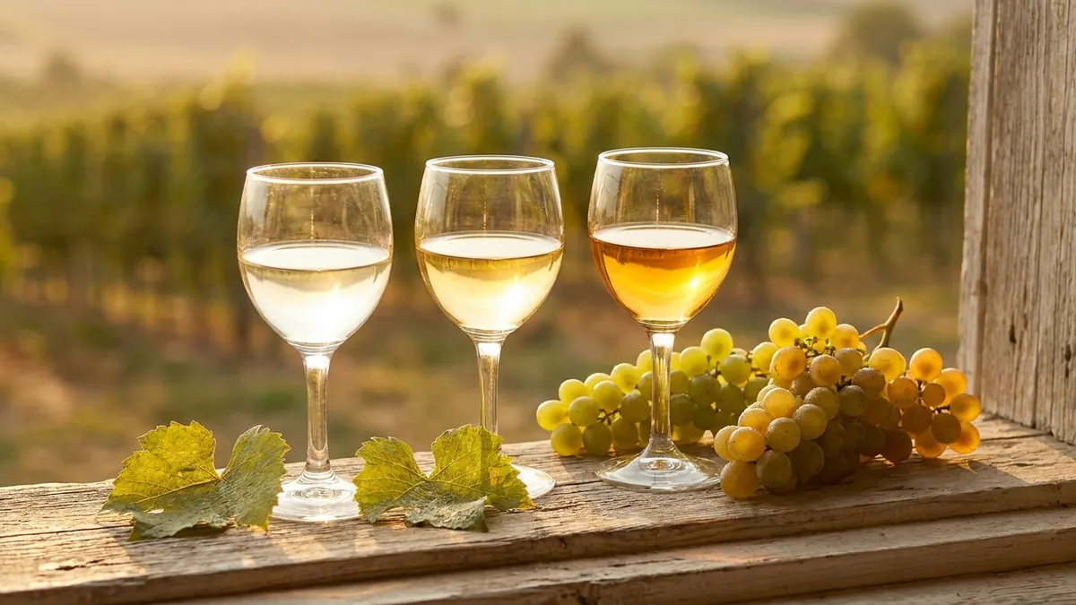 Three glasses of pale gold Finger Lakes Riesling lined up from dry to sweet beside a vineyard at harvest