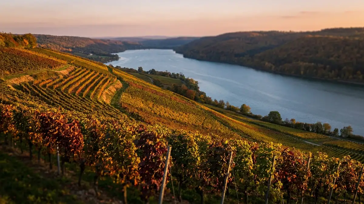 Steep vineyard slopes descending toward a deep glacial Finger Lake in upstate New York under autumn light