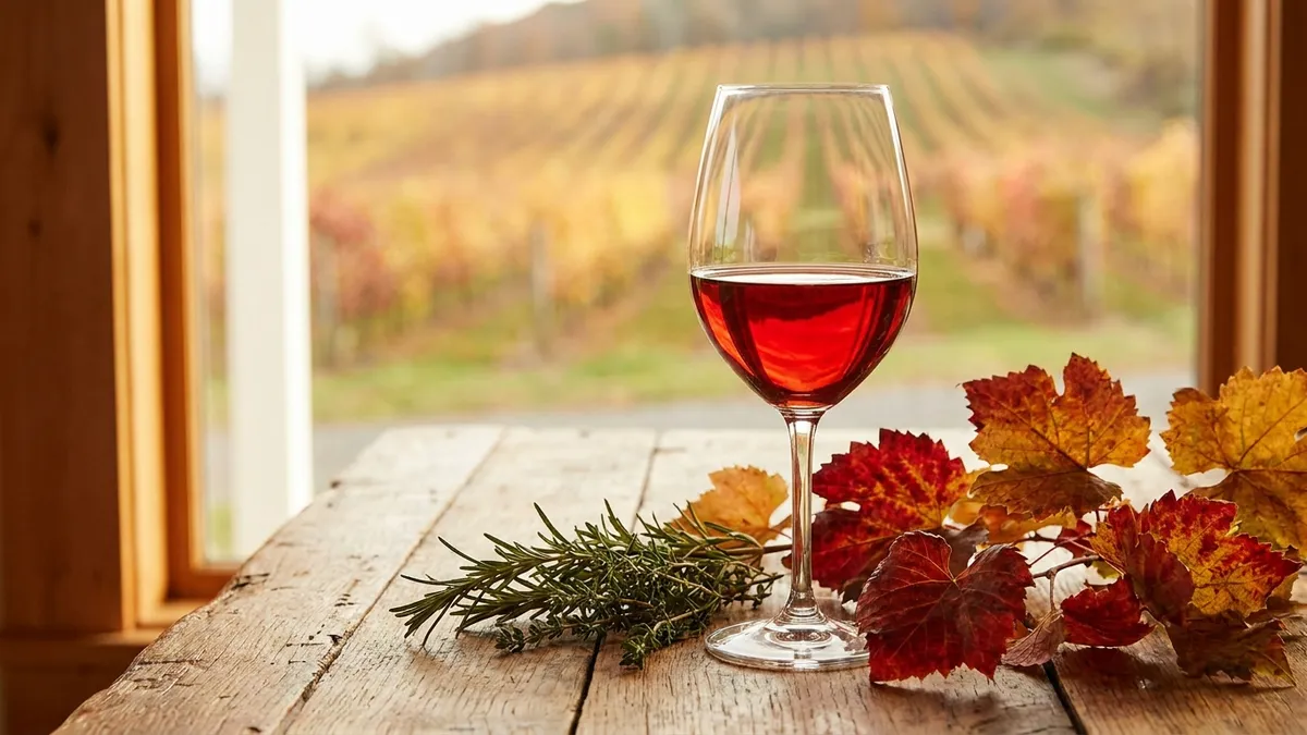 A glass of bright ruby Finger Lakes Cabernet Franc on a wooden table beside autumn vines