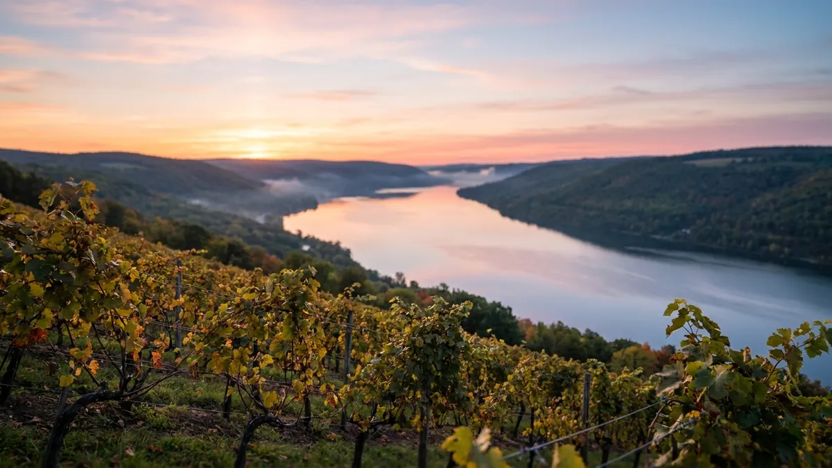 A long, narrow Finger Lake seen from a hilltop vineyard at sunset, rows of vines in the foreground