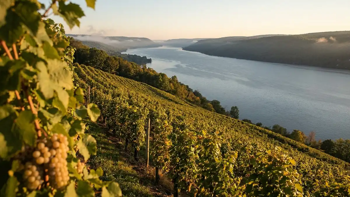 Steep vineyard slope descending toward a long, deep glacial lake in the Finger Lakes of upstate New York at golden hour