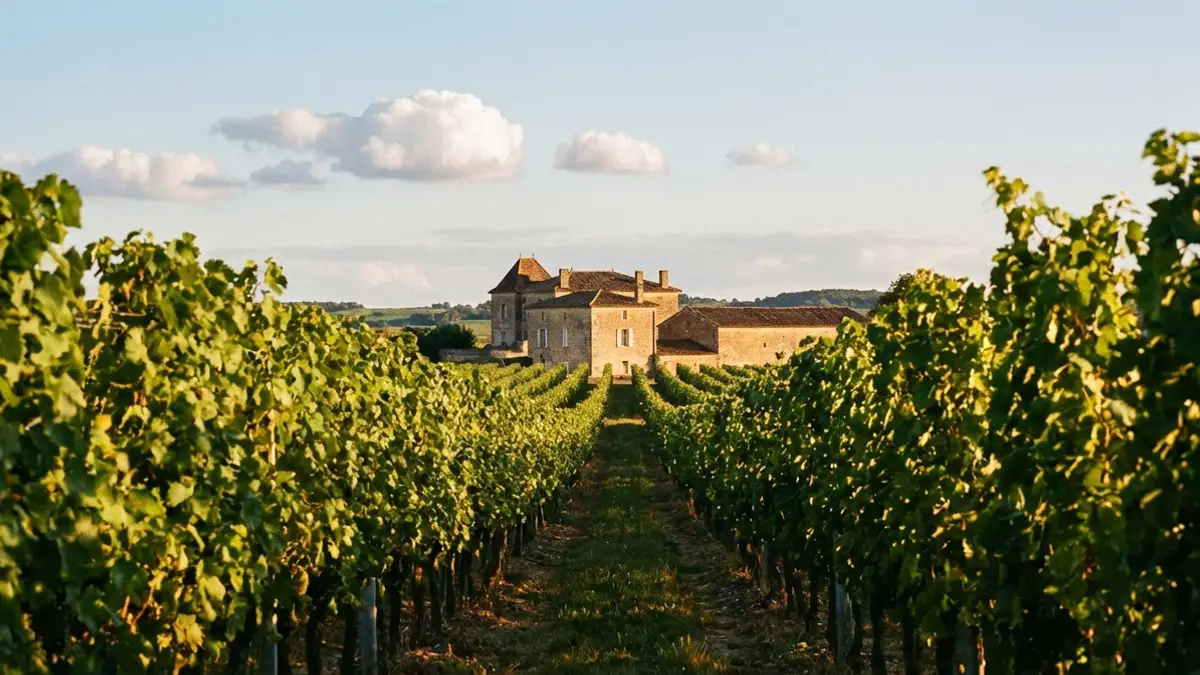 Sun-dappled French vineyard landscape with rows of grapevines leading toward a distant stone chateau at golden hour