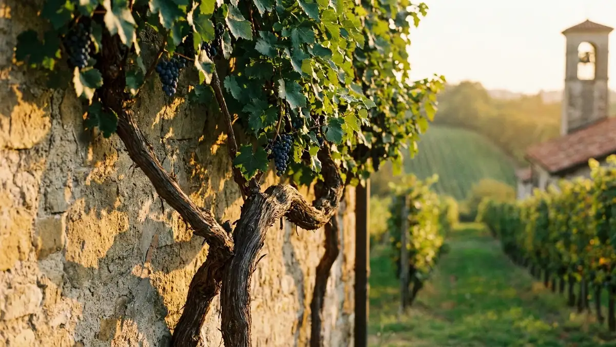 An old stone abbey wall in Friuli with ancient red-grape vines trained against it above a hillside vineyard