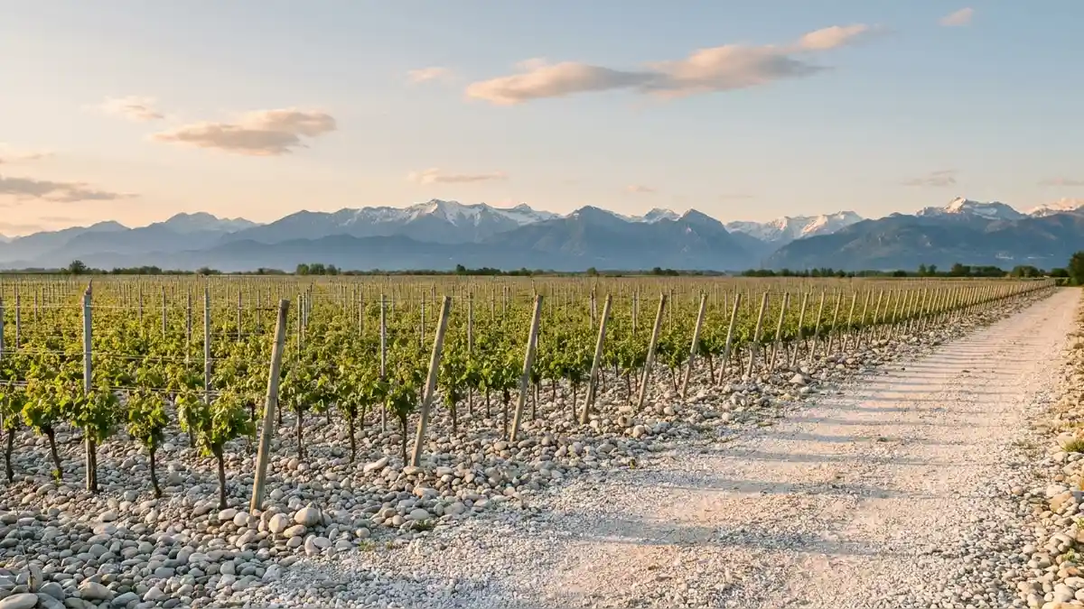 Flat gravel-plain vineyard in Friuli Grave with the snow-dusted Alps along the horizon