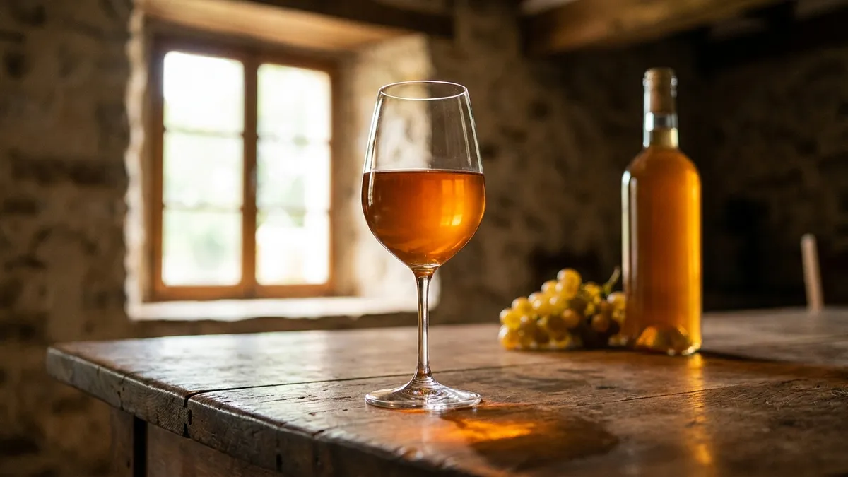 A glass of hazy amber skin-contact wine glowing in window light on a rustic wooden table