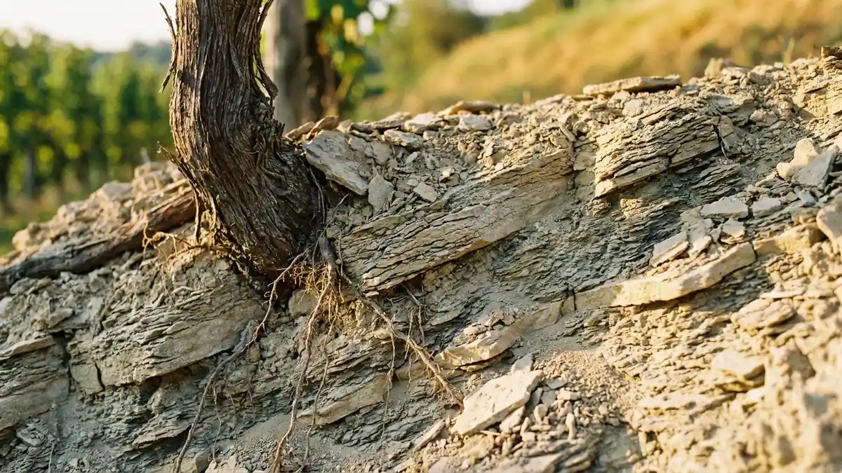 Close-up of crumbly layered ponca marl and sandstone with an old vine root in a Friuli hillside vineyard