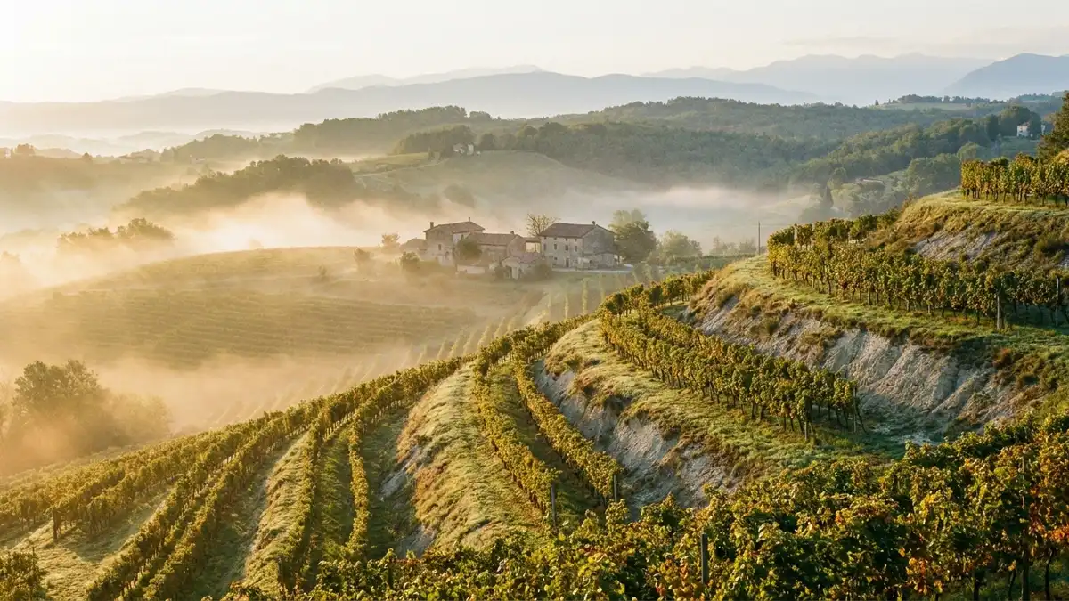 Terraced hillside vineyards of Collio in Friuli Venezia Giulia with morning mist in the valleys and Alpine foothills behind
