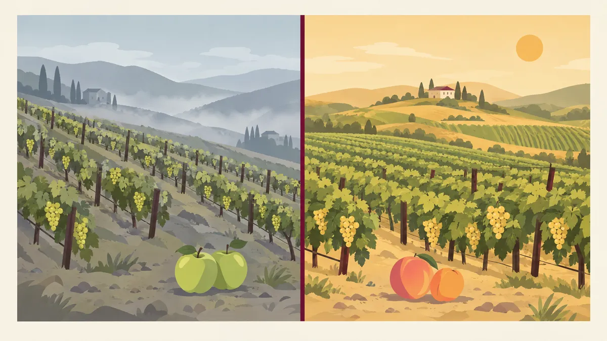 Illustration of one vineyard split in two: a cool misty slope with green apples, and a sunny warm slope with a ripe peach and an apricot