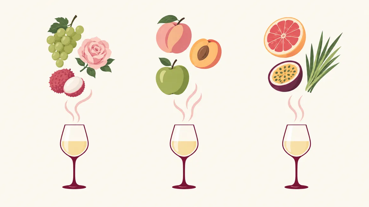 Diagram of three fruit families leading into three glasses of white wine: grapes, rose and lychee; peach, apricot and apple; grapefruit, passion fruit and grass