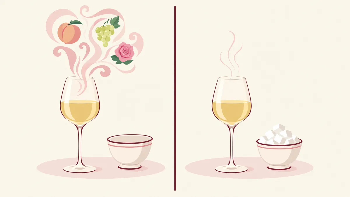 Two glasses of white wine side by side: one with large fruit-shaped scent swirls and an empty sugar bowl, the other with faint scent and a bowl of sugar cubes