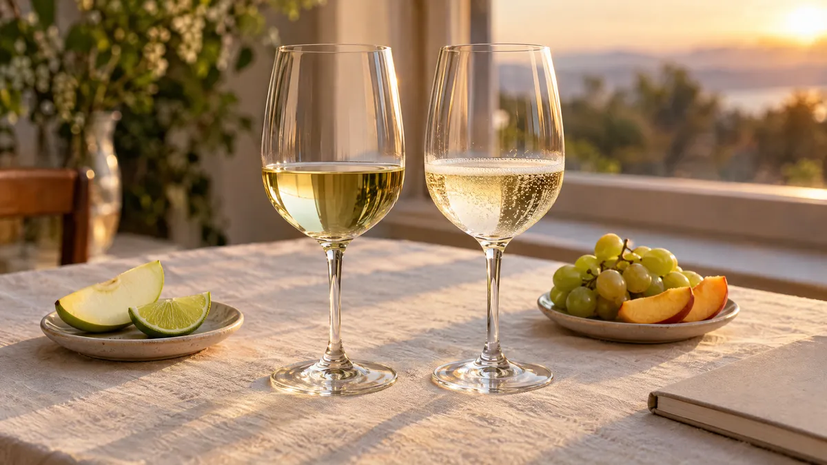 Two glasses of white wine on linen in evening light, a still pale lemon wine beside a lightly foaming pale straw wine, with apple, lime, grapes and peach slices
