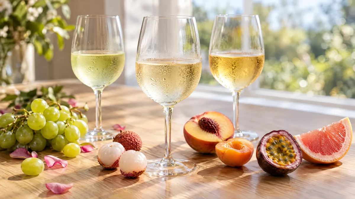 Three glasses of chilled pale white wine on an oak table surrounded by green grapes, lychees, a halved peach, apricot, passion fruit and grapefruit