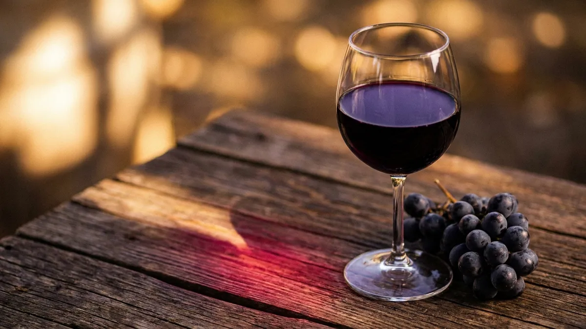 A glass of opaque inky-purple Saperavi red wine on a rustic wooden table, late afternoon light catching the deep color against the grain of the wood