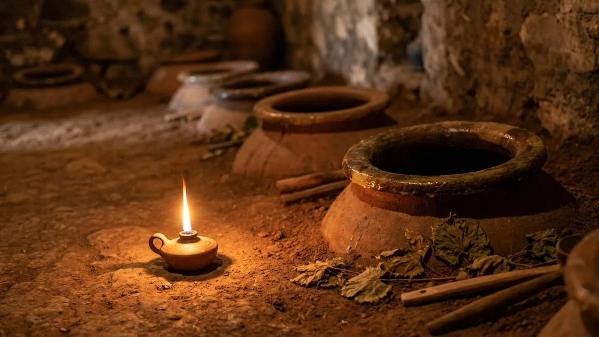 A row of large clay qvevri vessels buried to their necks in the dark earthen floor of a traditional Georgian cellar, warm lamplight on the clay rims