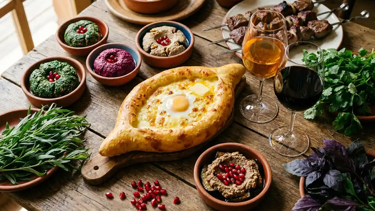 A spread of hearty Georgian food — khachapuri cheese bread, walnut-dressed vegetables, and grilled meat — beside glasses of amber and inky-red wine on a rustic table