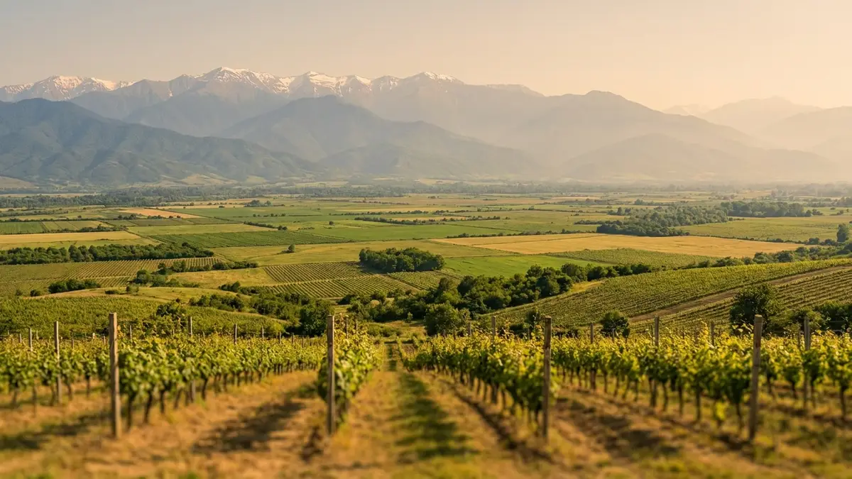 The broad green Alazani Valley in Kakheti seen from a vineyard slope, rows of vines in the foreground and the snow-dusted Caucasus range filling the horizon