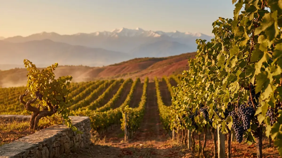 Sunlit vineyard in the Alazani Valley of Kakheti, Georgia, with the snow-capped Caucasus mountains rising behind neat rows of vines