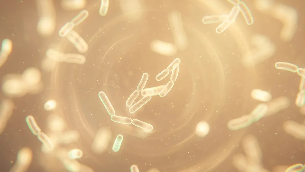 A soft abstract microscope-style view of small rod-shaped bacteria drifting in a pale golden liquid