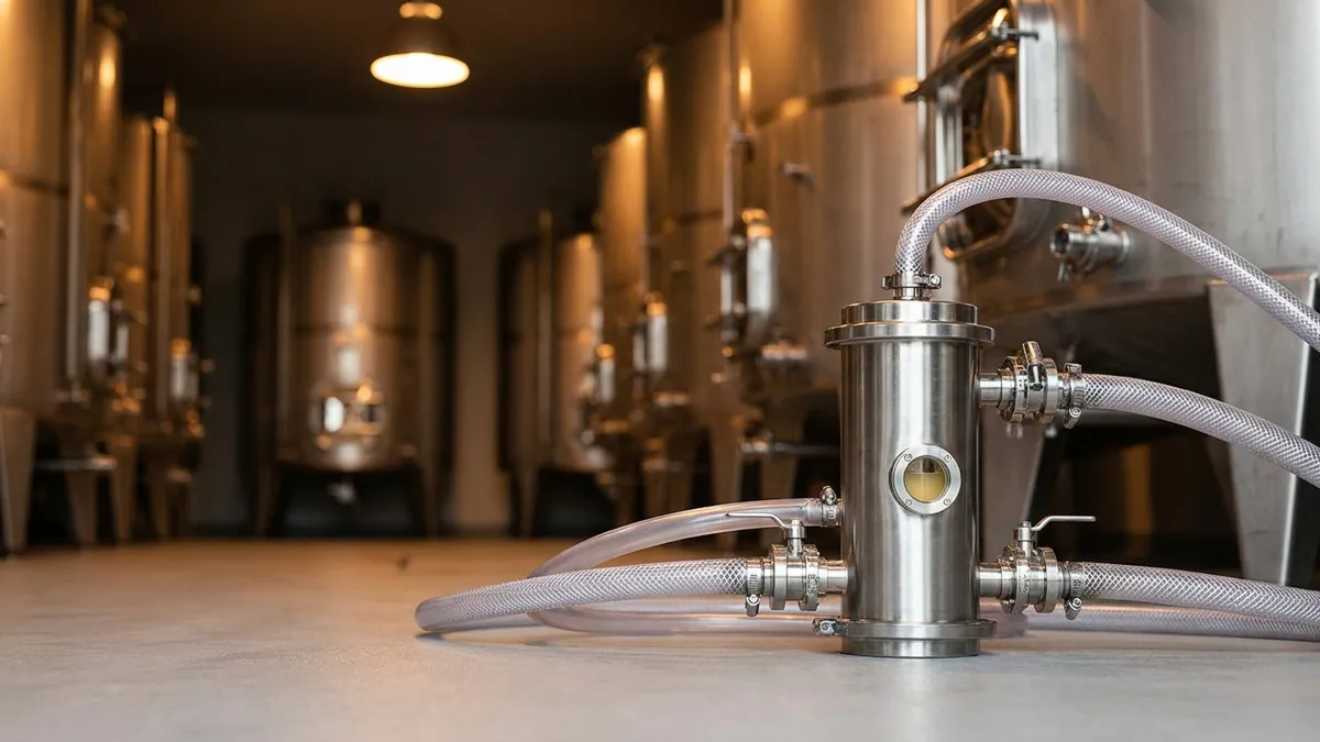 Stainless steel wine tanks and a cartridge filtration unit with hoses in a clean, softly lit winery cellar