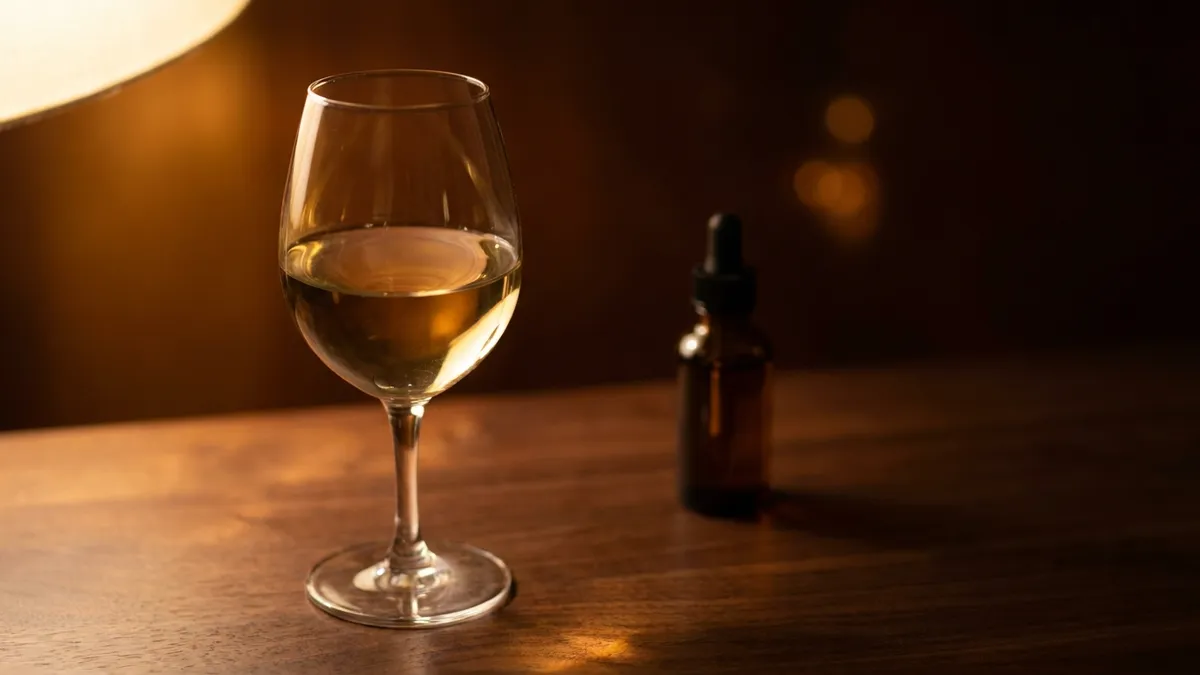 A single glass of pale golden wine on a dark wooden table beside a small amber glass dropper, lit by one warm lamp