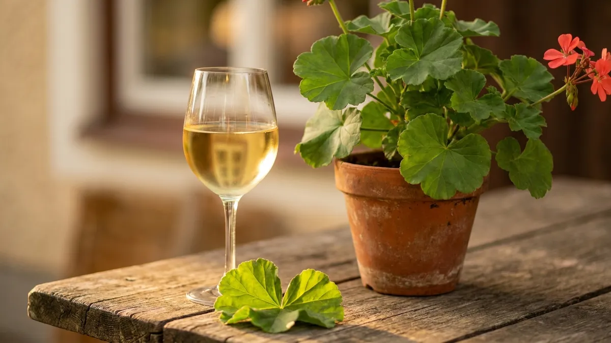 A glass of pale golden white wine on a rustic table beside a potted geranium with green scalloped leaves in warm side light