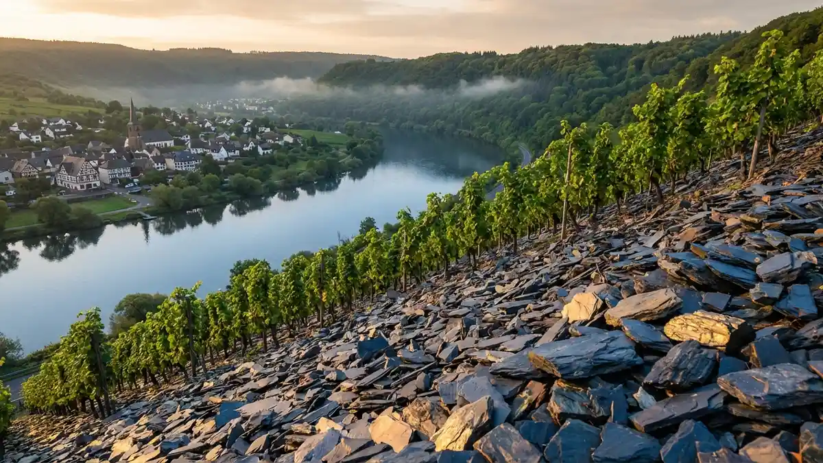 Steep vineyard terraces along the Mosel River in Germany with slate slopes and a winding river below