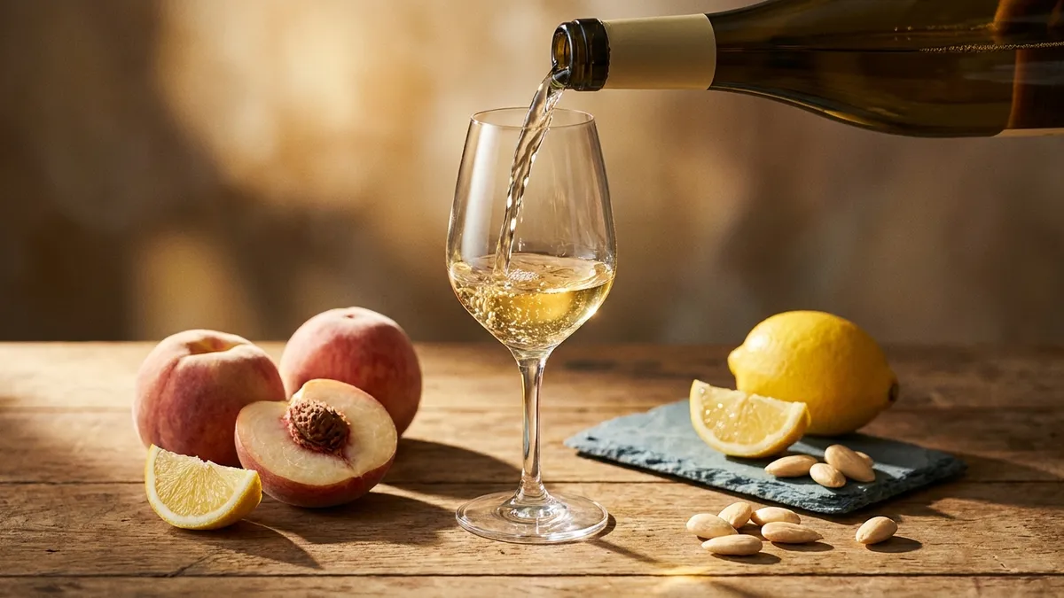 A glass of pale golden Godello being poured beside white peaches, lemon, and a piece of slate