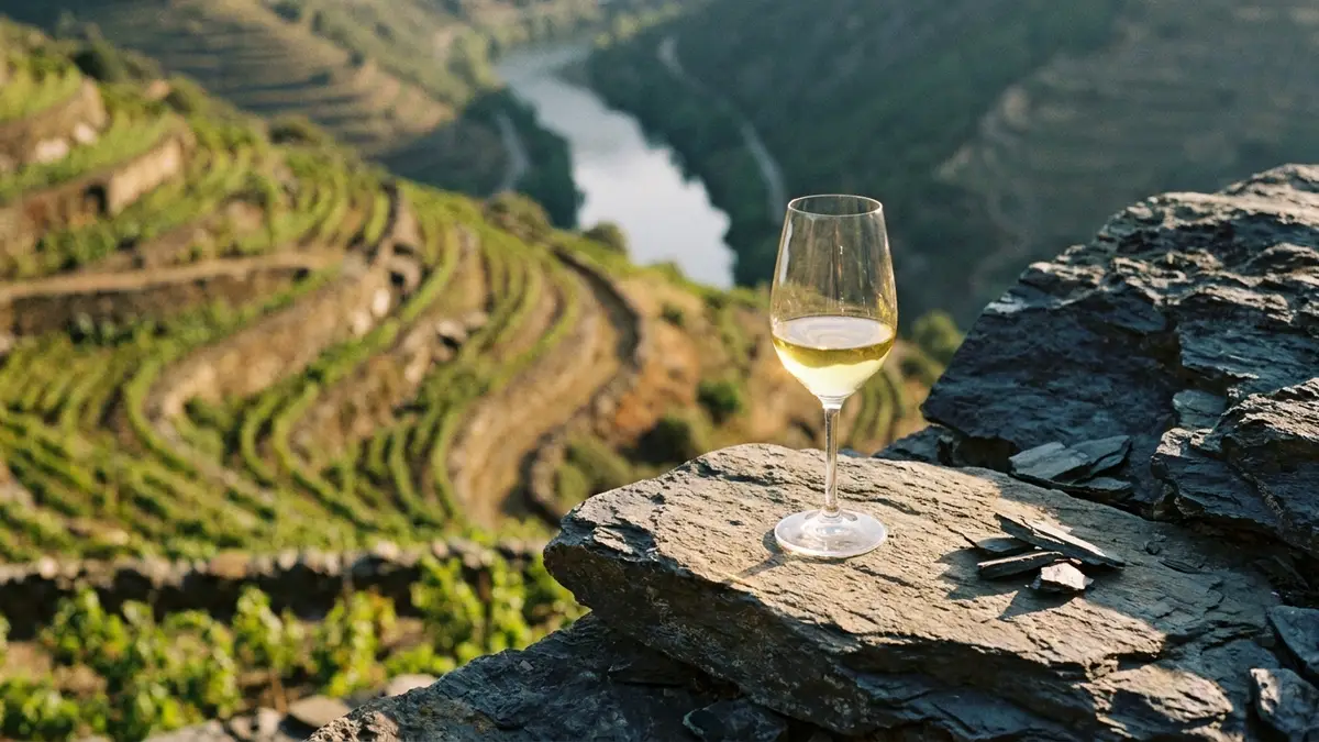 A pale golden glass of Godello wine on a slate ledge overlooking the steep terraced vineyards of Valdeorras