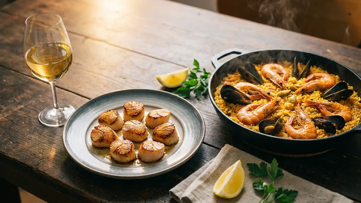 A plate of grilled scallops and saffron seafood rice beside a glass of golden Godello on a wooden table