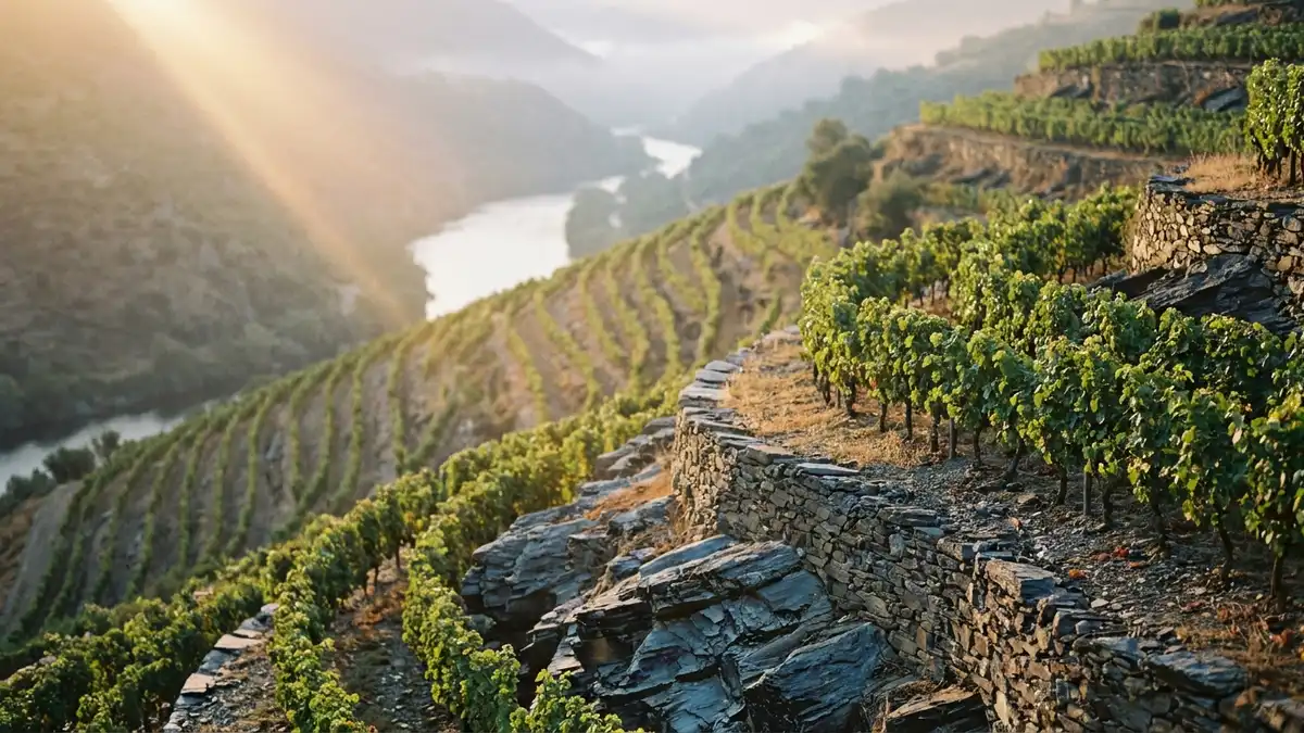 Steep slate terraces of a Valdeorras river valley planted with Godello vines under soft morning light