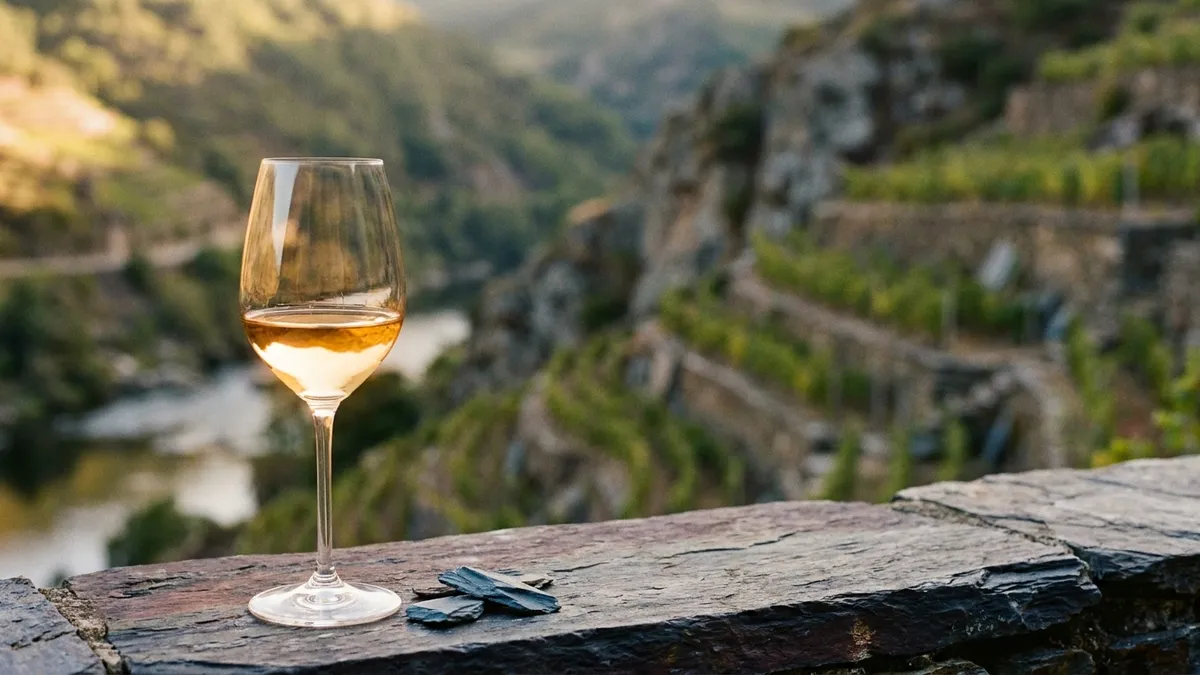 A glass of pale golden Godello wine on a slate ledge with the steep terraced vineyards of Valdeorras in northwest Spain behind
