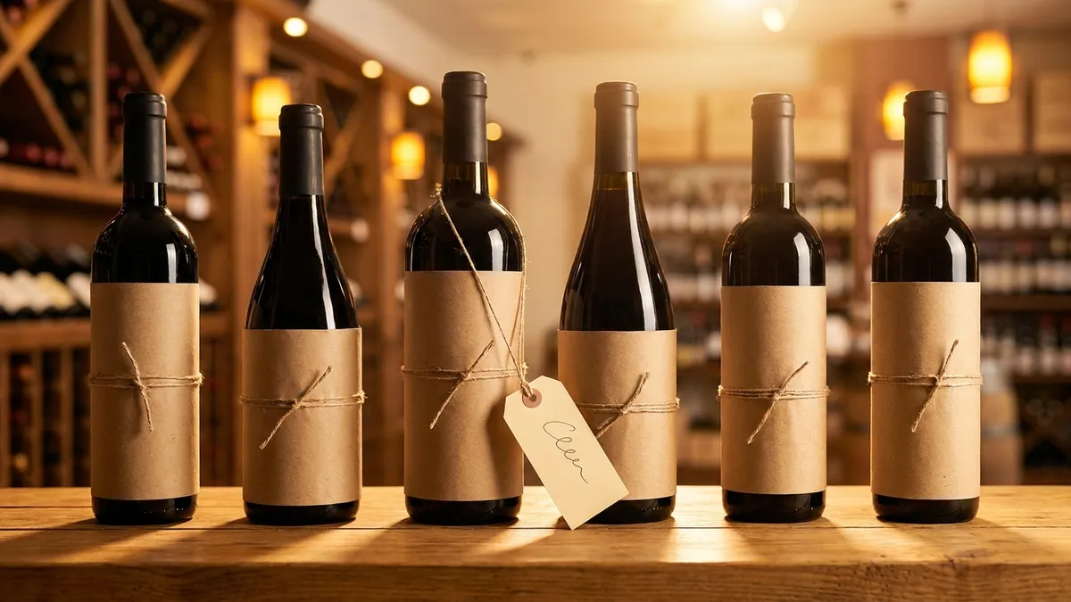 A wine shop shelf showing diverse bottles from Argentina, Spain, Portugal, and Italy under twenty dollars