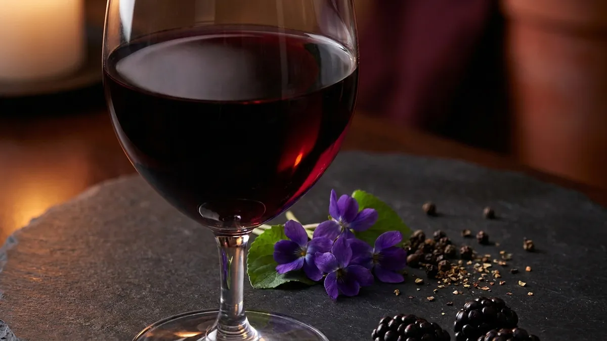 Inky purple-black Graciano wine in a glass on a dark slate surface with fresh violets and black peppercorns scattered nearby