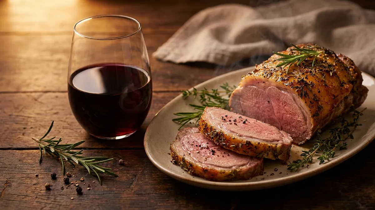 A platter of herb-crusted roast lamb beside a glass of dark Graciano wine on a rustic wooden table