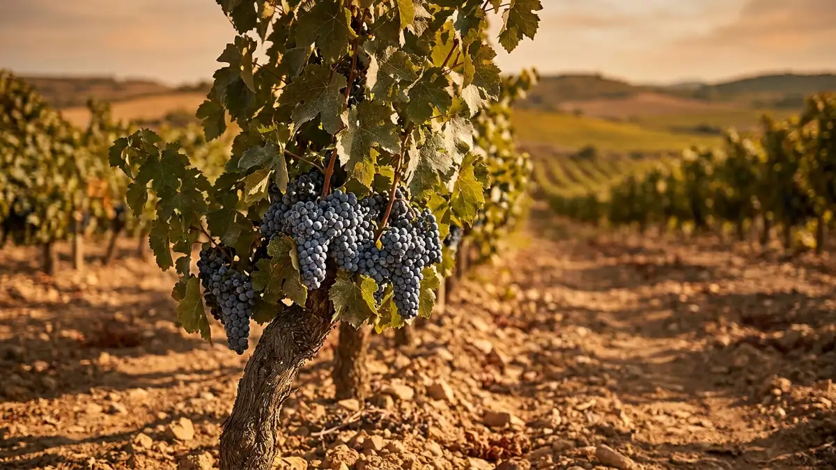 A late-ripening Graciano vine with small, dark, loosely clustered grapes against terracotta Rioja soil in warm afternoon light